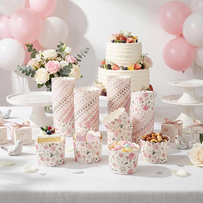 Qinyoung 150 Pcs Pink Floral Cupcake Wrappers Liners Rose Paper Baking Cups Greaseproof Disposable Scalloped Flower Cupcake Muffin Cases for Spring Summer Wedding Baby Shower Birthday Tea Party Decor - Image 5