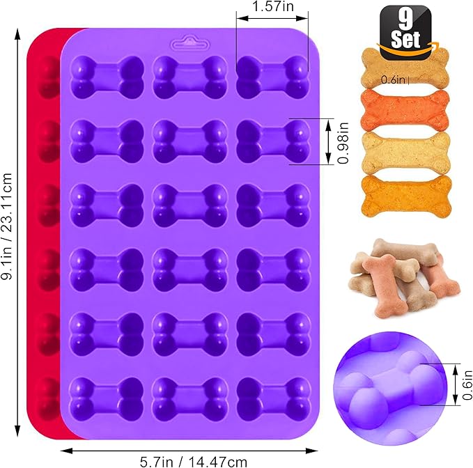 Set of 9-4 Silicone Molds Puppy Dog Paw and Bone，Silicone Dog Treat Molds and 5 Stainless Steel Bone Cookie Cutter，for Chocolate, Candy, Jelly, Dog Treats - Purple,Red,Pink,Blue