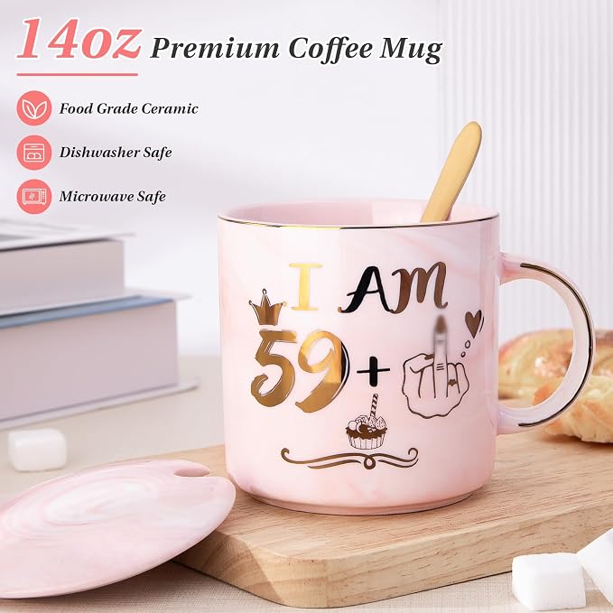 Funny 60th Birthday Coffee Mug for Women - 14oz Pink Marble Ceramic Mug, Playful Gold 59 Plus 1 Hand Design - Hilarious Turning 60 Year Old Gift for Mom, Sister, Best Friend, Wife, Neighbor, Colleague - Image 2