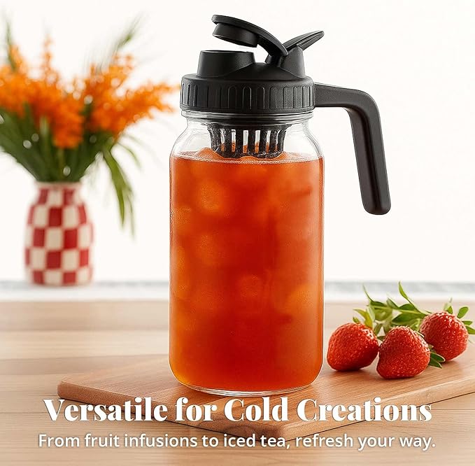 JBHO Cold Brew Coffee Maker 64OZ Marson Jars Wide Mouth Glass Picther Spout Lid with Stainless Steel Filter,Leakproof Maker for Iced Tea,Espresso,Lemonade-Black