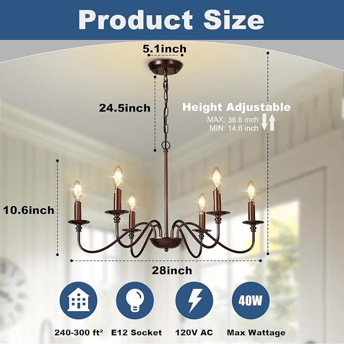 Depuley Farmhouse Chandelier for Dining Room: 6-Light Antique Industrial Hanging Ceiling Pendant Light Fixture for Kitchen - Oil-Rubbed Bronze Rustic Vintage Iron Candle Chandeliers for Entryway - Image 2