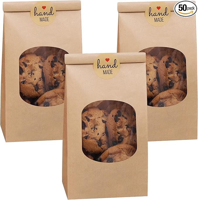 Eupako 3.54x2.36x6.7 Bakery Bags with Window 50 PCS Brown Kraft Paper Bags | Tin Tie Tab Lock Bags for Cookies, Coffee, Included 50 PCS Handmade Stickers by Eupako