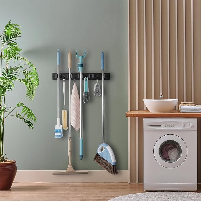 OUTNILI Mop and Broom Holder Wall Mount - Black Broom Mop Hanger - Wall Mounted Garden Tool Rack Organizer for Closet Garage Laundry Room Kitchen Decor With 5 Slots & 4 Hooks - Image 5