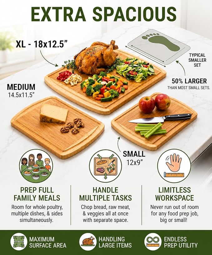 Greener Chef Luxury XL Bamboo Cutting Board Set of 3 with Vertical Grain Strength Technology - Extra Large Wood Cutting Boards for Kitchen and Lightweight Chopping Board Set - Replacements for Life - Image 5