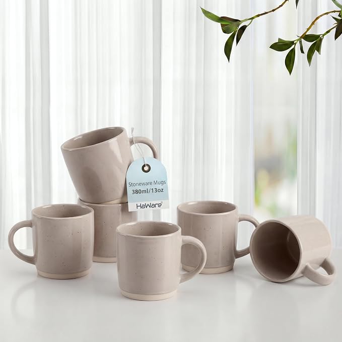 HaWare 13OZ Coffee Mugs Set of 6, Stoneware Coffee Cups, Ceramic Latte Mug for Man, Woman, Dad, Mom, Modern Tea Mugs for Latte/Cappuccino/Cocoa/Milk, Dishwasher& Microwave Safe, Speckled Cream Coffee by HaWare
