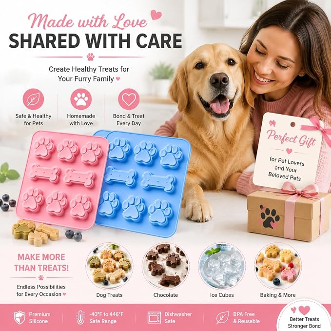 2 Pcs Dog Treat Molds Silicone with Puppy Dog Paw and Bone Shaped 2 in 1，Easy Release – Non-Stick Molds for Homemade Dog Treats, Pudding, Peanut Butter & Baking Biscuits - Image 7
