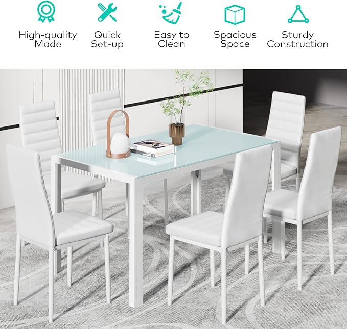 Gizoon White 7 Piece Glass Dining Table Set, Kitchen Table and Chairs Set | PU Leather Modern Dining Room Furniture,Dining Table Sets,Space Saving Table and Chairs Set for Home, Kitchen, Living Room - Image 8