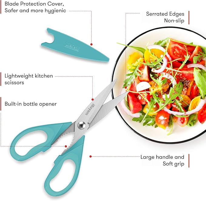 Small Kitchen Scissors 8-inch, iBayam 2 Pack Kitchen Shears All Purpose | Meat Scissors Poultry Shears, Dishwasher Safe Food Cooking Scissors Heavy Duty Stainless Steel Utility (Black, Aqua Sky) - Image 5