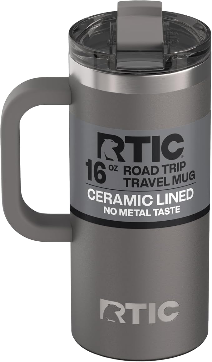 RTIC 16oz Road Trip Travel Mug with Lid and Handle, Ceramic Lined, Graphite | Stainless Steel Metal, Insulated Travel Cup for Hot and Cold Drinks, Coffee, Car, Camping and Travel by RTIC