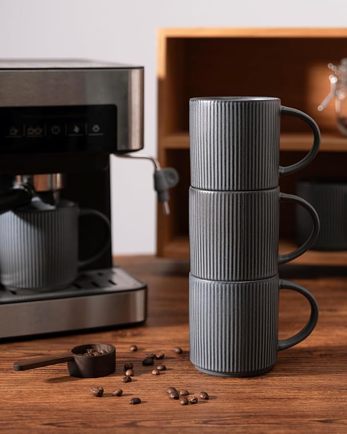 famiware Coffee Mug Set for 8, Star 12 oz Catering Mugs Cup Set with Handle for Coffee, Tea, Cocoa, Milk - Ceramic Stoneware Drinkware Set, Matte Dark Charcoal - Image 5