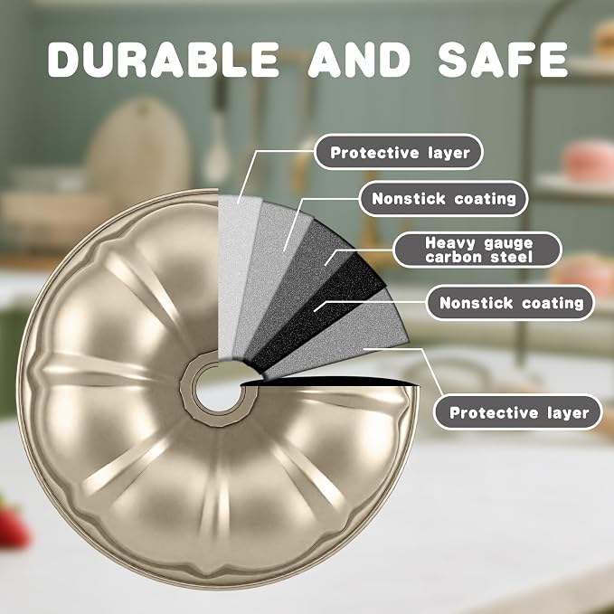 10 Inch Cake Pan, Nonstick Round Fluted Tube Cake Baking Pan, Buntz Pound Cake Mold,Tube Bakeware,Baking Mold for Jello/Gelatin/Chocoflan, Non Toxic, Easy Clean - Gold - Image 4