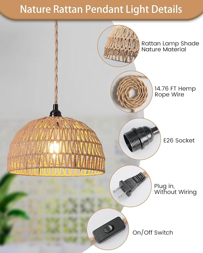 Rattan Hanging Lamp,Boho Pendant Lights,Plug in Cord Hanging Rattan Light,Plug Into Wall Outlet Pendant Light Fixture On/Off Switch for Living,Dinner Room,Bedroom,Kitchen,for E26,without Bulb - Image 4