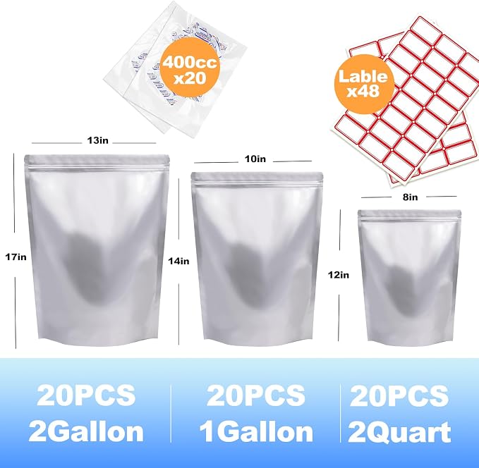60PCS 10"X14" 8"X12" 13"X17" Mylar Bags for Food Storage with Oxygen Absorbers&Lables,10 Mil Thick Resealable Stand-Up Zipper&Heat Sealable Bags for Long Term Food Storage,Dried Food - Image 2