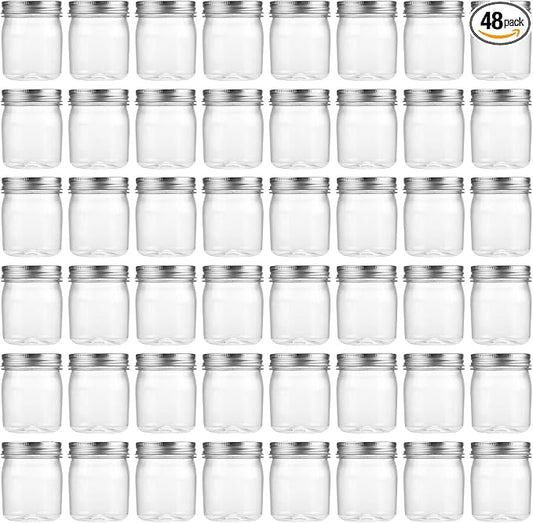 novelinks 8 oz Plastic Mason Jars and Clear Plastic Jars with Lids 8 oz | 48 Pack, Silver, Plastic Containers with Lids, Small Mason Jars, Clear Jars Bulk, Spice Jars, Slime Jars, Mini Jars by novelinks