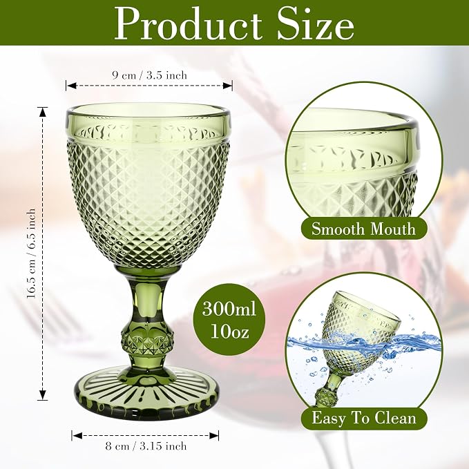 Bokon 12 Pack Green Glass Goblets Set 10 oz High Clear Wine Glass Vintage Water Goblets Cups Embossed Diamond Design Glassware with Stem for Drinking Juice Liquor Party Wedding Bar - Image 2