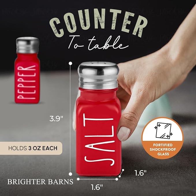 Red Salt and Pepper Shakers Set by Brighter Barns - Modern Farmhouse Kitchen Decor and Accessories for Home Restaurants Weddings - Cute Modern Glass Christmas Shaker Sets & Stainless Steel Lid (Red) - Image 3