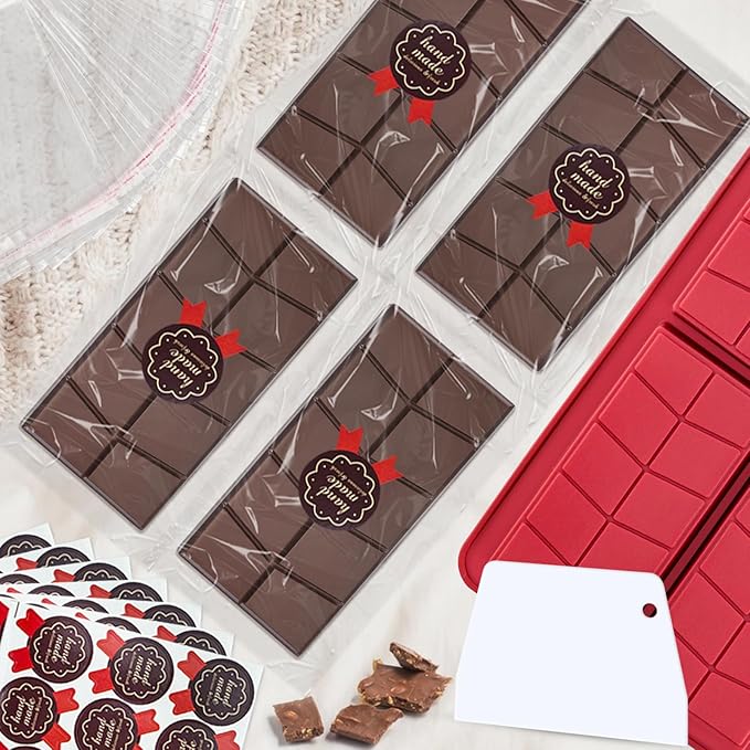 Chocolate Bar Mold 0.82inch Deep,Thick Dubai Stuffed Pistachio Silicone Molds Kit for Making Large Shapes Chocolate Filling Candy Bar with 2 Pack and 100pcs Bags and 104pcs Stickers