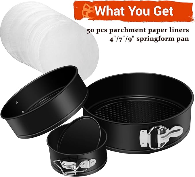 MASSUGAR 4 7 9 Inch Springform Pan, Non-stick Leakproof Cheesecake Pan, Spring Form Pans for Cheesecake, Round Cake Pans for Baking with Removable Bottom and 50Pcs Parchment Paper - Image 2