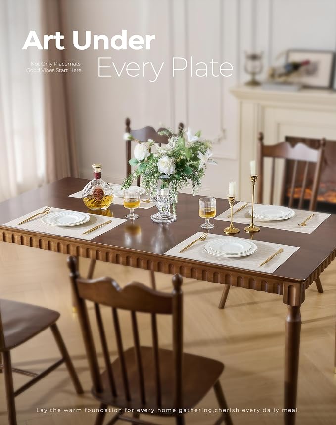 Leetaltree Beige White Placemats Set of 6 - Heat Resistant Non-Slip Place mats for Dining Table, Washable Durable PVC Vinyl Woven Table Mats(Beige White, 6) - Image 2