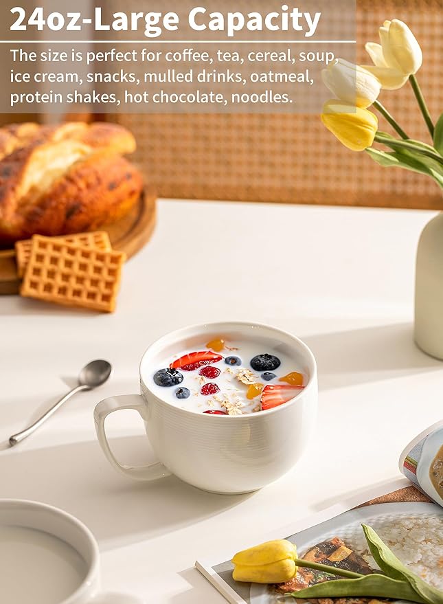 Teocera Soup Mugs with Handles, White Coffee Mugs Set of 4, Large Soup Cups - Striped Design - 24 Ounce Porcelain Jumbo Mugs Bowls for Coffee, Oatmeal, Hot Cocoa, Cereal - Image 5