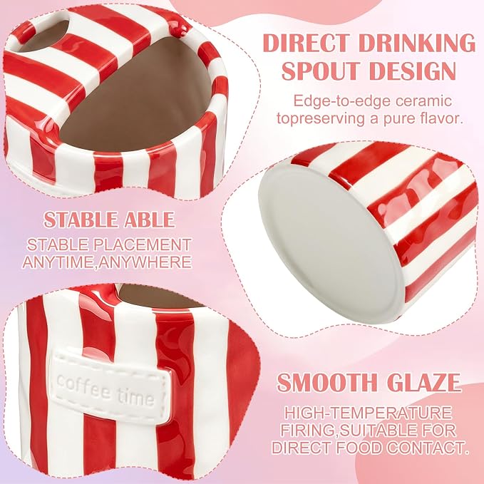 1 Pack Ceramic Coffee Mug with Sip Hole Espresso Cup 10oz with Straws Retro Hand Painted Striped Ceramic Iced Coffee Tea Travel Mug Latte Cup for Kitchen Dining (Simple,Red) - Image 3