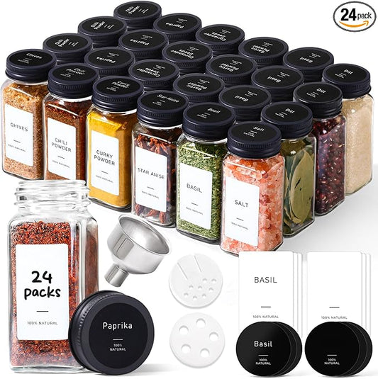 ComSaf Glass Spice Jars with with Labels 4 oz 24 Pack Small Square Bulk Set | Empty Containers, Seasoning Herb Powder, Salt Pepper Chili, Spice Rack Organization, Kitchen Cabinet Storage, Funnel Included by ComSaf