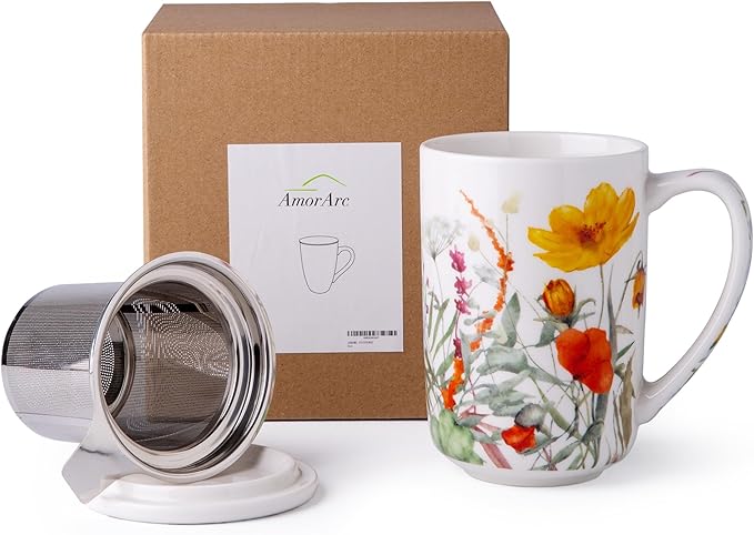 AmorArc Porcelain Tea Mug with Infuser and Lids, 18 Oz Large Cup Strainer with Bag Holder for Loose Leaf Tea, Steeping Coffee Mug for House-warming Wedding Birthday Gift