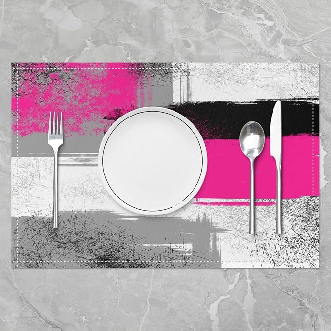 Feelyou Hot Pink Black Grey White Placemats Set of 4 for Kids Boys Girls Abstract Placemat for Kitchen Dining Table Decor Indoor Outdoor 18"x12" Ombre Modern Table Place Mats, Decor Buffalo Check - Image 2