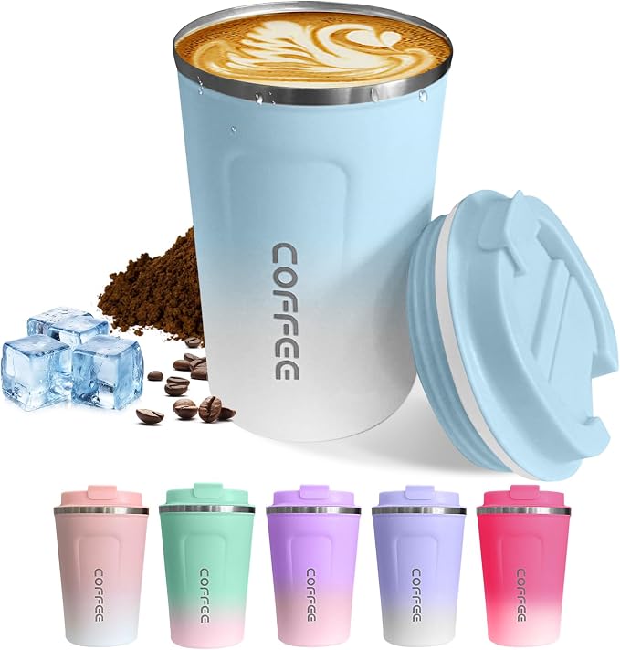 SPLMIFA Travel Coffee Mugs Leak-Proof, Reusable Coffee Cups with Lids, Stainless Steel Vacuum Insulated Coffee Tumblers, Thermal Insulation Cup for Men & Women Hot & Cold Drinks(2nd-Blue White, 12OZ) by SPLMIFA