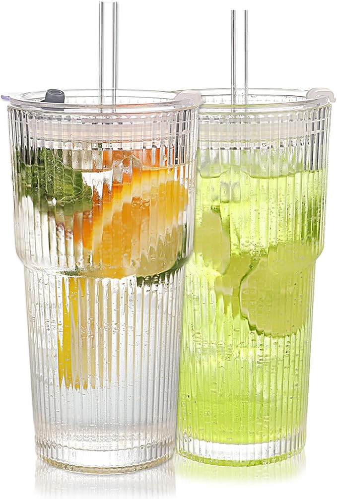 Set of 2 Ribbed Glass Tumbler with Lids and Straws, 20oz Vintage Clear Glass cups, Large capacity, Unbreakable, Fluted Design, Ideal for Travel, Iced Coffee,Smoothie, Tea, Latte, Gift