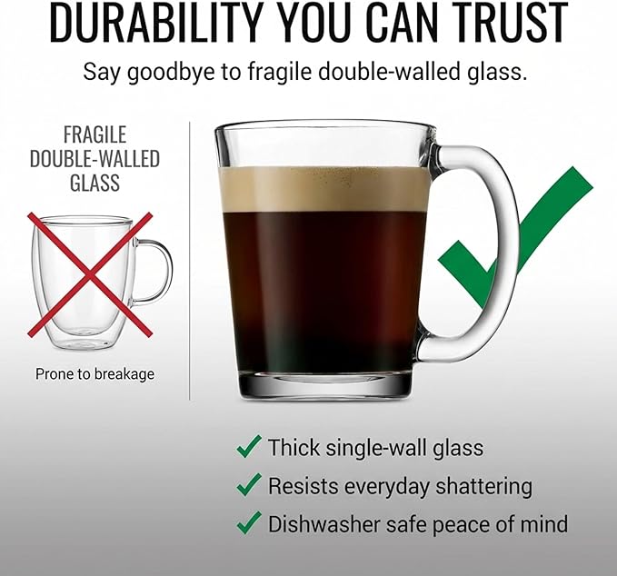 Godinger Coffee Mugs, Italian Made Glass Coffee Mug, Hot Beverage Tea Cups, Glass Cups, Drinking Glasses - 10oz., Set of 4 - Image 6