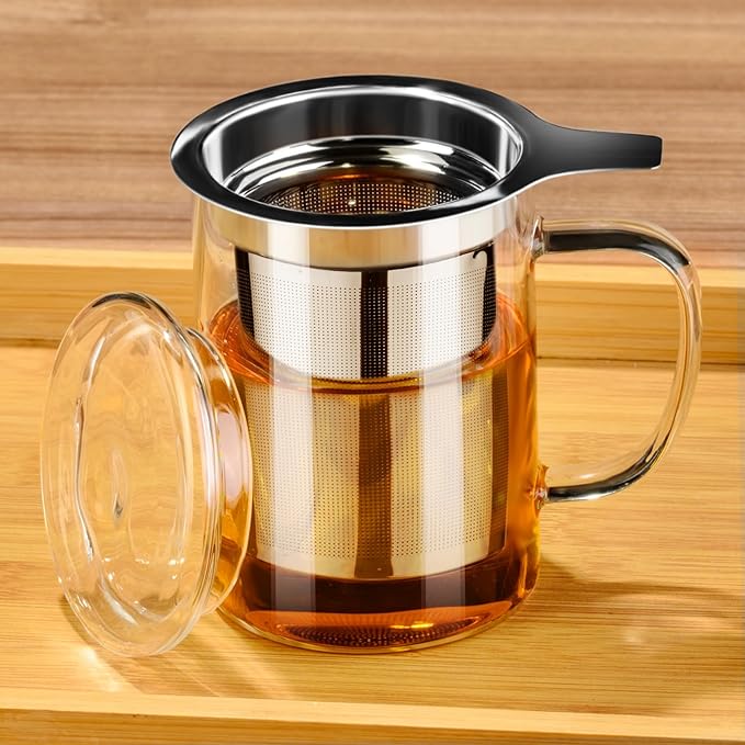 PARACITY Tea Cup, Borosilicate Clear Tea Mug with Removable Stainless Steel Infuser and Lid, Tea Cup 15oz/450ml Stove Safe, Glass Teas Cups for Loose Tea, Gift for Family and Friends
