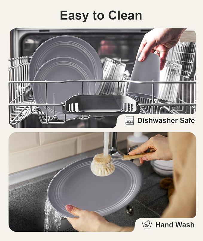 Quatish 32 Piece Plates and Bowls Sets for 8, Unbreakable Dinnerware Sets, Plastic Dish Set for Camping, Dishwasher Microwave Safe, Outdoor Kitchen and Apartment Dorm Dinning RV Essentials, Grey - Image 6