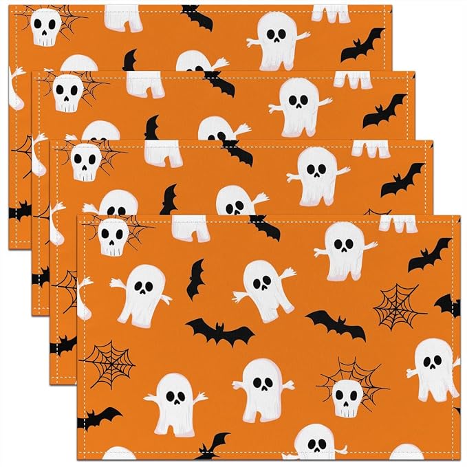 Feelyou Happy Halloween Placemats Set of 4 Cute Ghost Table Mats for Party Kitchen Dining Decoration White and Orange Place Mat for Table Holiday Decor Indoor Outdoor 18"x12" Washable Bats Cobweb by Feelyou