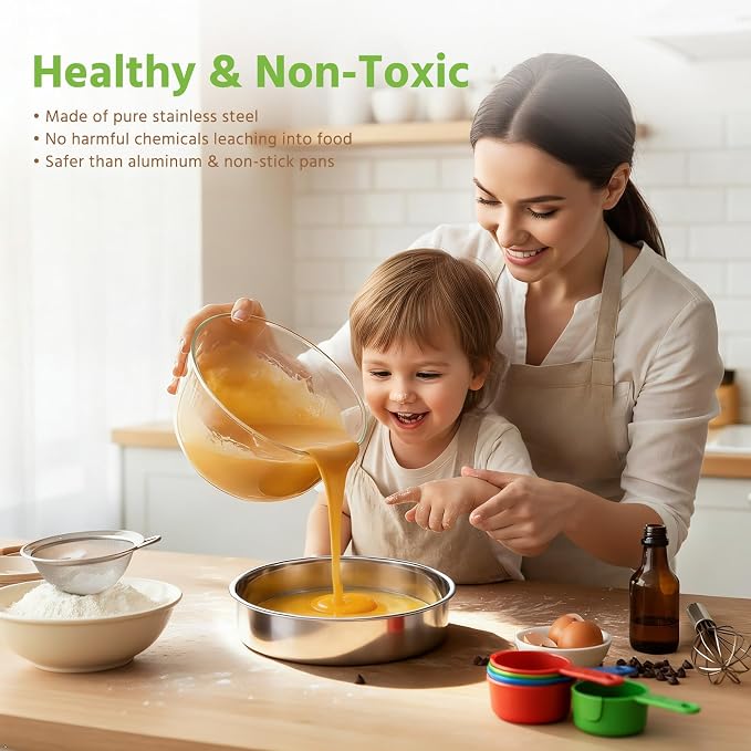 E-far 9 Inch Cake Pan Set of 3, Non-toxic Stainless Steel Round Cake Tins | Ideal for Birthday Wedding Layer Cake, Healthy, Mirror Finish, Dishwasher Safe - Image 5