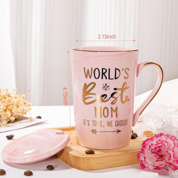 Mothers Day Birthday Gifts for Mom from Daughter Son - 14Oz Funny Best Mom Mug with Gold Print, Unique Pink Marble Coffee Cup with Lid Spoon Greeting Card, Happy Moms Gifts Idea, Luxury Gift Boxed Set - Image 2