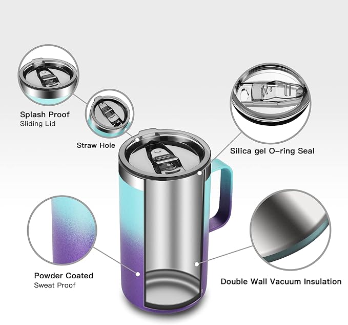 KXIAOCHEN 20 oz Insulated Coffee Mug, Coffee Cup with Lid and Wide Handle | 18/8 stainless steel, 6+ hours hot or 12+ hours cold, wide mouth, no-sweat exterior, for office, work, home and camping - Image 6