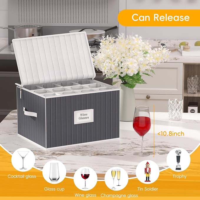 Wine Glass Storage Box, Glassware Storage Containers w/Hard Shell Side Bottom Support & Padded Dividers, Stackable Stemware Storage Case for 24 China Crystal Glasses Drinkware, Moving Supplies - Image 5