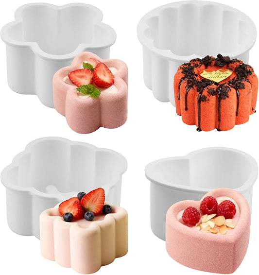 4 Pcs Silicone Flower Mousse Cake Molds, 5 Inch Silicone Baking Mold, Flexible & Nonstick 3D silicone Cake Molds for Baking, Square Heart Flower Star Cake Pan for Cheese, Chocolate, Candy