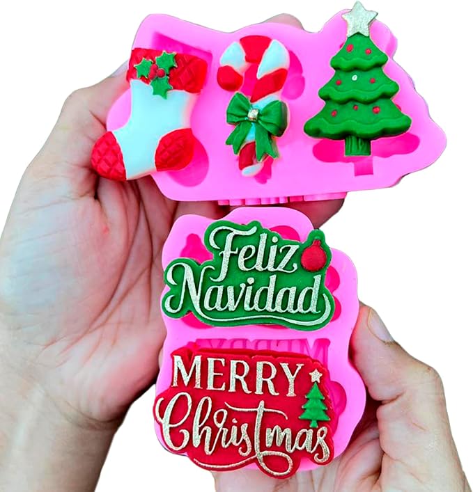 Christmas Silicone Molds Set – Tree, Stocking, Candy Cane & Holiday Phrases – Christmas Candle Molds,chocolate mold, Soap Molds, Wax Melts – Food-Grade Silicone – Reusable & Flexible