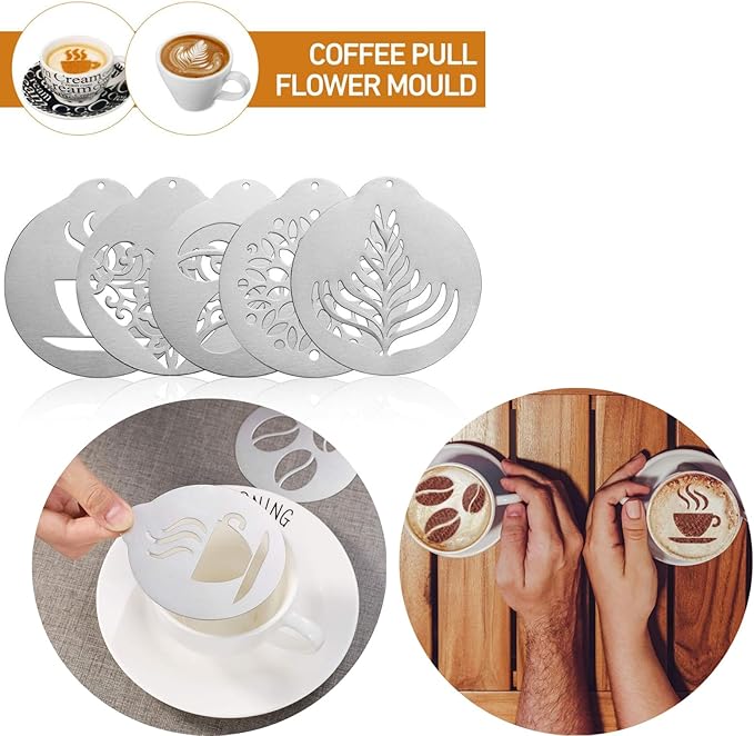 5Pcs Stainless Steel Coffee Decorating Stencils Metal Foam Latte Art Templates, Reusable Barista Cappuccino Chocolate Templates Coffee Garland Mould Cake Decorating Tool