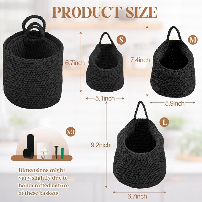 Honeydak Boho Decor Hanging Wall Baskets for Kitchen 3 Pack Teardrop Baskets with Hooks Storage Fruit Onion Vegetable Potato for Home 3 Sizes(Black,Barrel,Cotton Rope) - Image 2