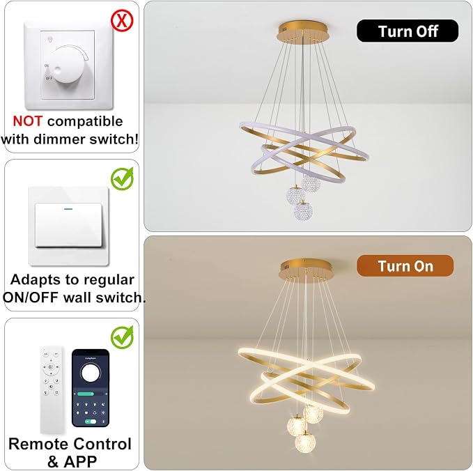 ORANOOR LED Modern 3 Ring Chandeliers 24inch Dimmable Kitchen Pendant Light | Gold Dining Room Light Fixtures Ceiling Hanging Over Table, Globe Round LED Chandeliers for Dining Room Living Room Bedroom - Image 6