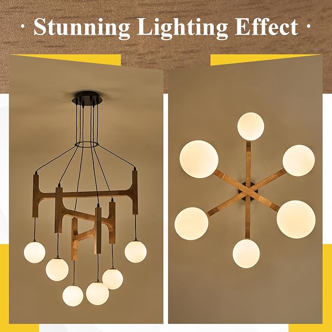 Farmhouse L28 '' Wooden Chandeliers with Milk Glass Globes Lampshades, Rustic Oak Mid Century Long Pendant Chandelier Light Fixture 6-Light for Foyer Living Dining Room Bedroom Kitchen,G9 - Image 5