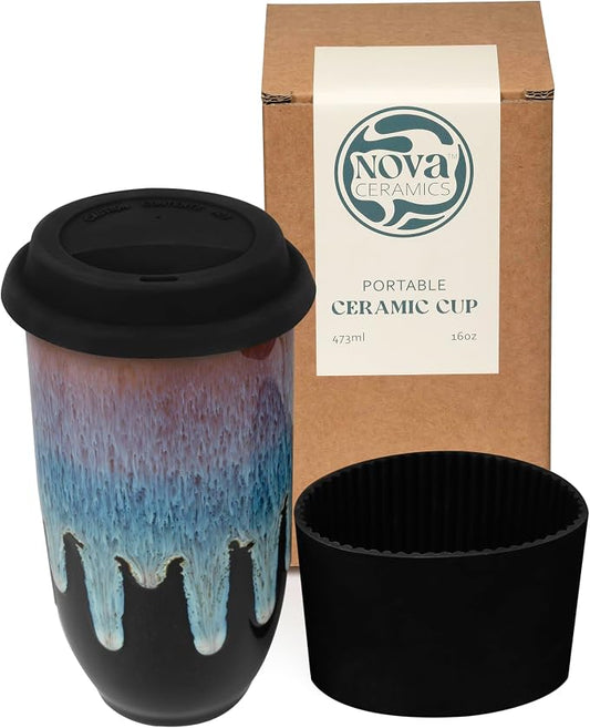 NOVA CERAMICS Coffee Tumbler – Travel Mug - On the Go Coffee Mug – Microwave & Dishwasher Safe Green Coffee Tumbler - Gifts For Women Men Him Her – 16oz – Monsoon by NovaCeramics
