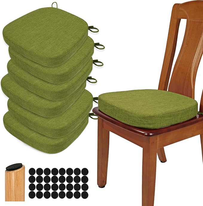 BUYUE Thickened 2.5" Dining Chair Cushions Set of 6, U-Shape High Density Foam Comfortable Chair Pads for Kitchen, Slip Resistant Indoor Seat Cushions (6 PCS, Grass Green) by BUYUE