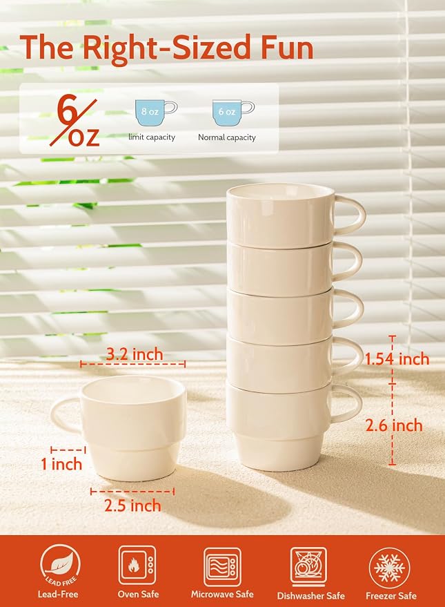 Sweese Porcelain Espresso Cups Set of 6, White | 6 oz size, stackable cups, for espresso and Coffee Drinks, Latte, Tea, cappuccino, set of 6, Dishwasher Safe - Image 2