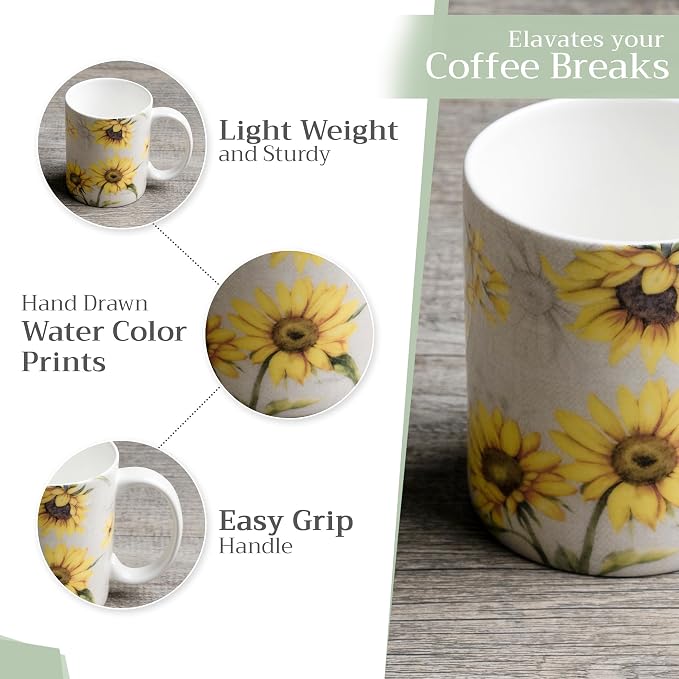 Maison d' Hermine Coffee Mug with Handles Tea Cups (12 Ounce, Pack of 1) | Fine Bone China Coffee Mugs for Hot Beverages Cappuccino Latte Home Restaurant Hotel Spring Summer -Candice - Tournesol - Image 5
