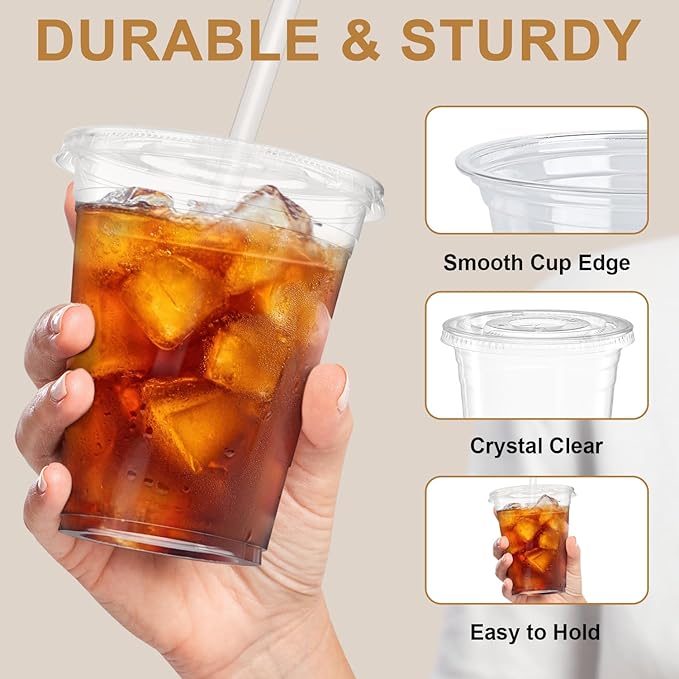 16 oz 50 Pack Plastic Cups with Lids and Straws, Sturdy Food Safe Iced Clear Coffee Cups Disposable Smoothie Cups for Cold Drinks
