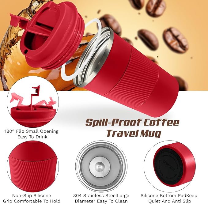 Vacuum Insulated Stainless Steel Travel Coffee Mug,Leak Proof Cup with Lid | 304 stainless steel mug with vacuum insulation, leak proof lid, silicone grip and car cup holder friendly design - Image 3